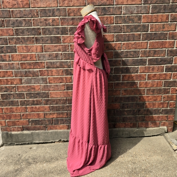 Francescas Ruffle Strap Clipdot Maxi Dress Rose Cutout Sleeveless Ruffle Sz L - Picture 5 of 14
